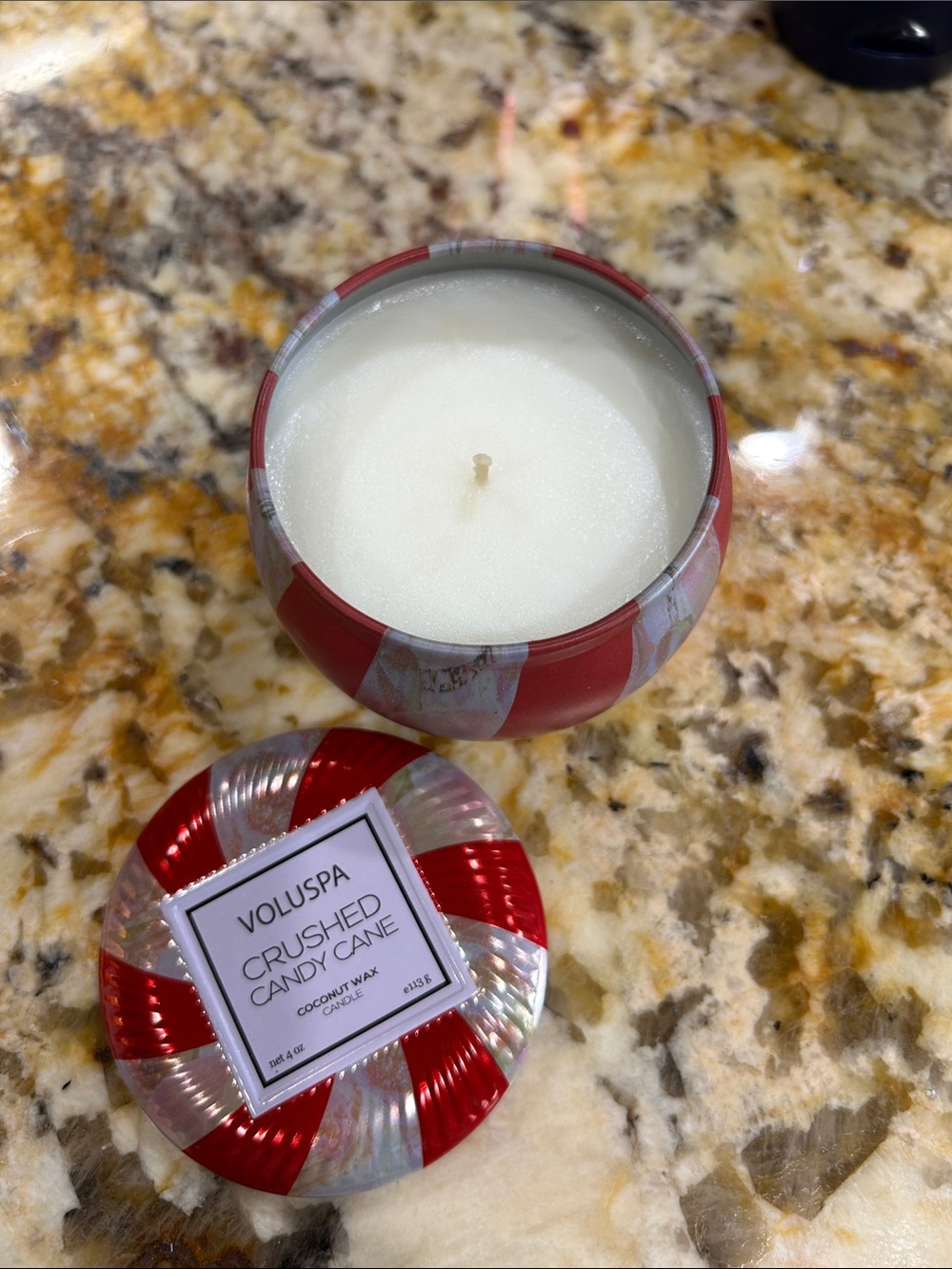New Voluspa Crushed Candy Cane Tin Candle